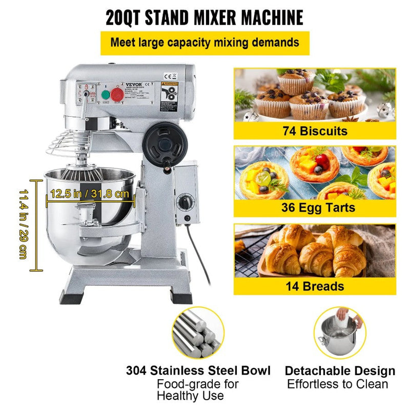 Vevor 20 Qt Commercial Food Mixer — 750W, 3-Speed, Stainless Steel