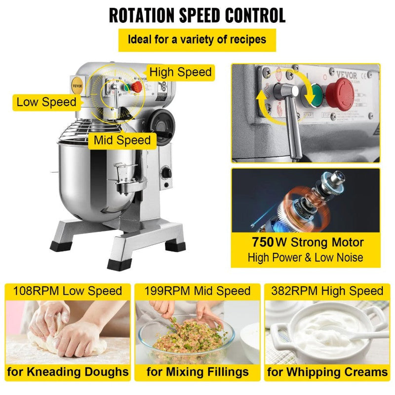 Vevor 20 Qt Commercial Food Mixer — 750W, 3-Speed, Stainless Steel