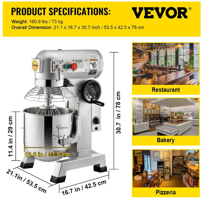Vevor 20 Qt Commercial Food Mixer — 750W, 3-Speed, Stainless Steel