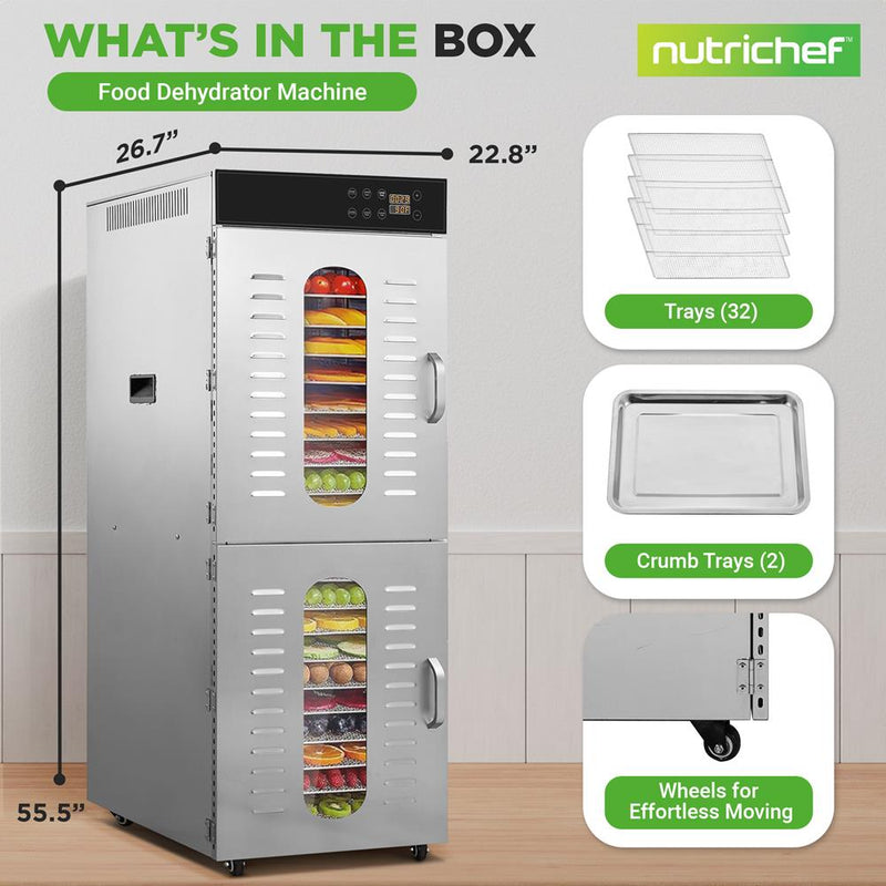 Nutrichef 32-Layer Food Dehydrator — Stainless Steel, Digital Timer